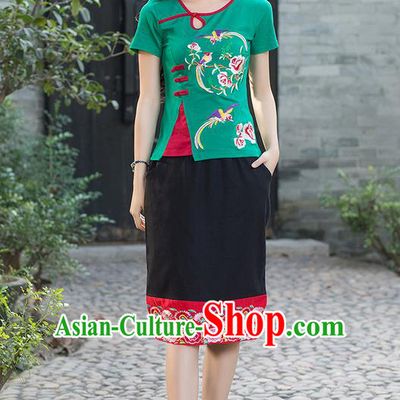 Traditional Chinese National Costume, Elegant Hanfu Embroidery Flowers Birds Green T-Shirt, China Tang Suit Republic of China Plated Buttons Blouse Cheongsam Upper Outer Garment Qipao Shirts Clothing for Women