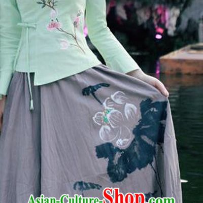 Traditional Ancient Chinese National Costume Pleated Skirt, Elegant Hanfu Linen Printing Long Grey Dress, China Tang Dynasty Bust Skirt for Women