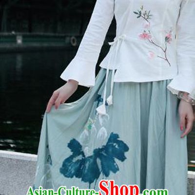 Traditional Ancient Chinese National Costume Pleated Skirt, Elegant Hanfu Linen Printing Long Green Dress, China Tang Dynasty Bust Skirt for Women