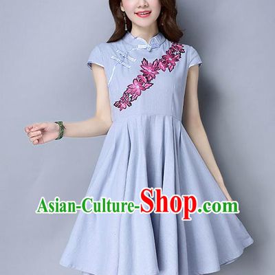 Traditional Ancient Chinese National Costume, Elegant Hanfu Mandarin Qipao Embroidery Blue Dress, China Tang Suit Chirpaur Republic of China Cheongsam Upper Outer Garment Elegant Dress Clothing for Women