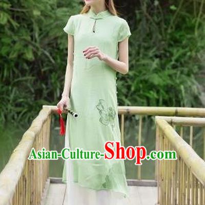 Traditional Ancient Chinese National Costume, Elegant Hanfu Mandarin Qipao Painting Lotus Green Dress, China Tang Suit Chirpaur Republic of China Cheongsam Upper Outer Garment Elegant Dress Clothing for Women