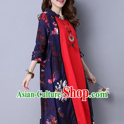 Traditional Ancient Chinese National Costume, Elegant Hanfu Mandarin Collar Printing Dress, China Tang Suit Upper Outer Garment Big Swing Elegant Dress Clothing for Women