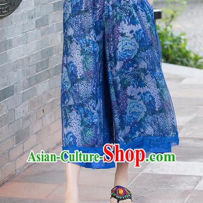 Traditional Chinese National Costume Loose Pants, Elegant Hanfu Chiffon Lace Blue Wide-leg Trousers, China Ethnic Minorities Folk Dance Baggy Pants for Women