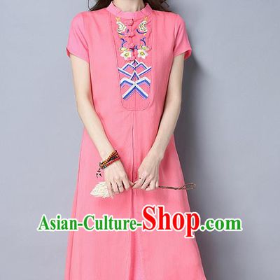 Traditional Ancient Chinese National Costume, Elegant Hanfu Mandarin Qipao Embroidery Stand Collar Pink Dress, China Tang Suit Chirpaur Republic of China Cheongsam Upper Outer Garment Elegant Dress Clothing for Women