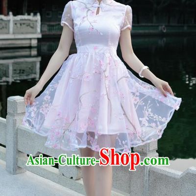 Traditional Ancient Chinese National Costume, Elegant Hanfu Mandarin Qipao Organza Pink Bubble Dress, China Tang Suit Chirpaur Republic of China Cheongsam Upper Outer Garment Elegant Dress Clothing for Women