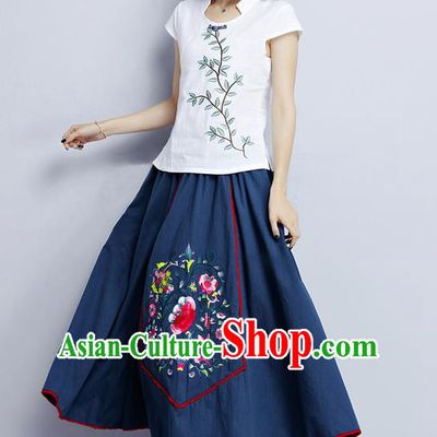 Traditional Ancient Chinese National Pleated Skirt Costume, Elegant Hanfu Embroidery Long Navy Dress, China Tang Dynasty Bust Skirt for Women