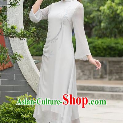 Traditional Ancient Chinese National Costume, Elegant Hanfu Mandarin Qipao Linen Double Layer Grey Dress, China Tang Suit Stand Collar Chirpaur Republic of China Cheongsam Upper Outer Garment Elegant Dress Clothing for Women