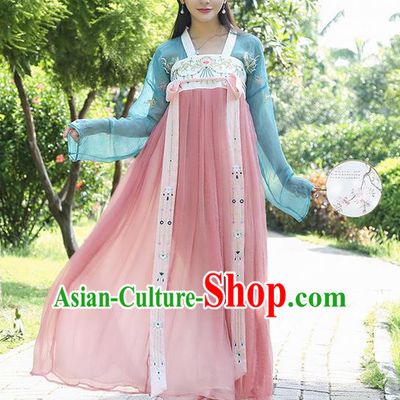 Traditional Ancient Chinese Costume, Elegant Hanfu Clothing Embroidered Blue Blouse and Dress, China Tang Dynasty Princess Elegant Blouse and Skirt Complete Set for Women