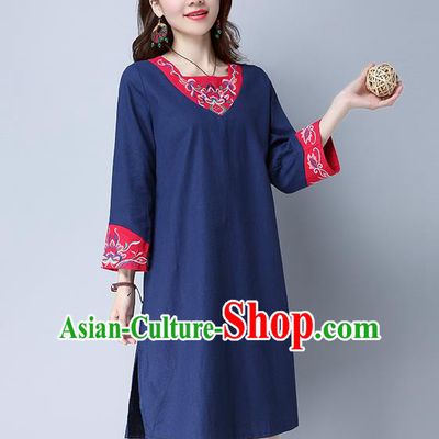 Traditional Ancient Chinese National Costume, Elegant Hanfu Mandarin Qipao Linen Patch Embroidery Navy Dress, China Tang Suit Cheongsam Upper Outer Garment Elegant Dress Clothing for Women