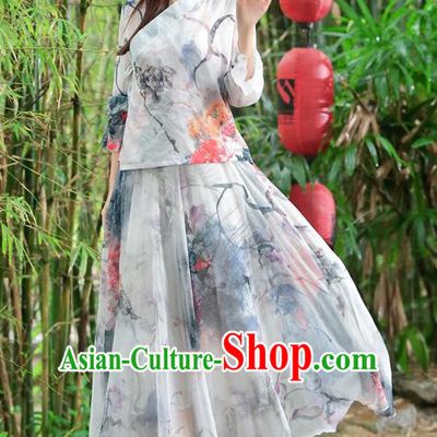 Traditional Ancient Chinese National Pleated Skirt Costume, Elegant Hanfu Silk Printing Big Swing Long Dress, China Tang Dynasty Bust Skirt for Women