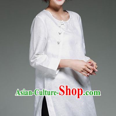 Traditional Chinese National Costume, Elegant Hanfu Embroidery Slant Opening Long White Shirt, China Tang Suit Republic of China Plated Buttons Blouse Cheongsam Upper Outer Garment Qipao Shirts Clothing for Women