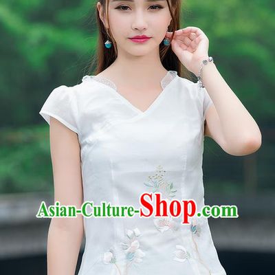 Traditional Chinese National Costume, Elegant Hanfu Embroidery Chiffon Shirt, China Tang Suit Republic of China Blouse Cheongsam Upper Outer Garment Qipao Shirts Clothing for Women