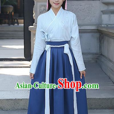 Traditional Ancient Chinese Costume, Elegant Hanfu Clothing Embroidered Slant Opening Blouse and Navy Dress, China Ming Dynasty Princess Elegant Blouse and Ru Skirt Complete Set for Women