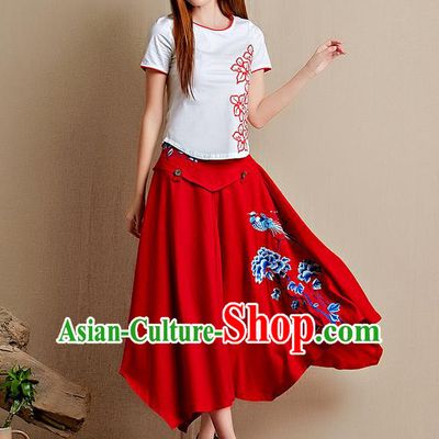 Traditional Ancient Chinese National Pleated Skirt Costume, Elegant Hanfu Linen Embroidery Long Red Dress, China Tang Suit Big Swing Bust Skirt for Women