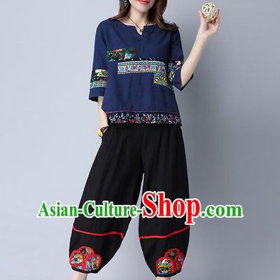 Traditional Chinese National Costume Plus Fours, Elegant Hanfu Patch Embroidered Black Bloomers, China Ethnic Minorities Tang Suit Pantalettes for Women