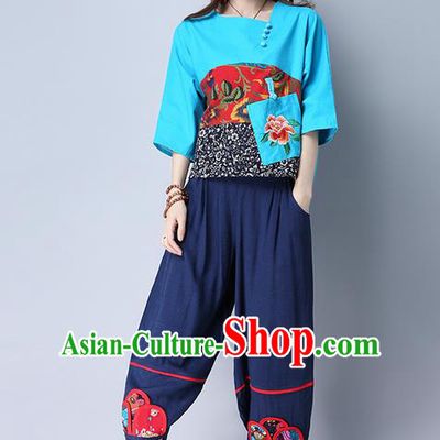 Traditional Chinese National Costume Plus Fours, Elegant Hanfu Patch Embroidered Navy Bloomers, China Ethnic Minorities Tang Suit Pantalettes for Women