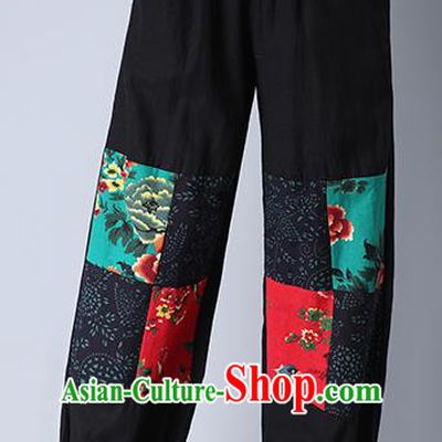 Traditional Chinese National Costume Plus Fours, Elegant Hanfu Patch Black Bloomers, China Ethnic Minorities Tang Suit Folk Dance Pantalettes for Women