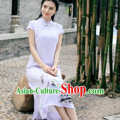 Traditional Ancient Chinese National Costume, Elegant Hanfu Mandarin Qipao Linen Hand Painting Orchid Purple Dress, China Tang Suit Chirpaur Republic of China Cheongsam Upper Outer Garment Elegant Dress Clothing for Women