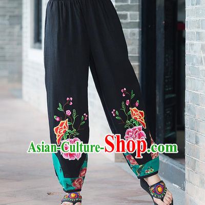 Traditional Chinese National Costume Plus Fours, Elegant Hanfu Green Patch Embroidered Peony Bloomers, China Ethnic Minorities Tang Suit Folk Dance Pantalettes for Women