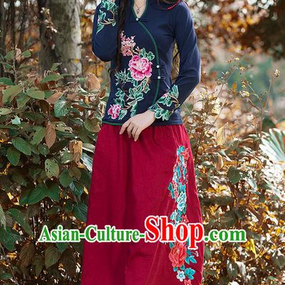 Traditional Ancient Chinese National Pleated Skirt Costume, Elegant Hanfu Chiffon Embroidery Peony Long Red Dress, China Tang Suit Bust Skirt for Women