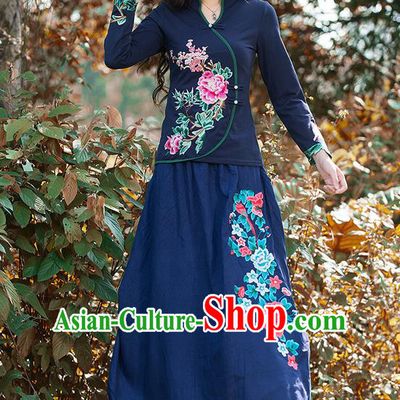 Traditional Ancient Chinese National Pleated Skirt Costume, Elegant Hanfu Linen Embroidery Peony Long Navy Dress, China Tang Suit Bust Skirt for Women