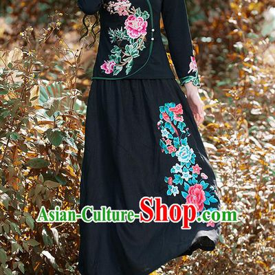 Traditional Ancient Chinese National Pleated Skirt Costume, Elegant Hanfu Linen Embroidery Peony Phoenix Long Black Dress, China Tang Suit Bust Skirt for Women