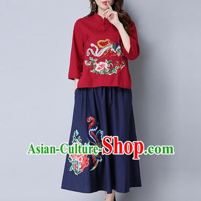 Traditional Ancient Chinese National Pleated Skirt Costume, Elegant Hanfu Linen Embroidery Peony Phoenix Long Navy Dress, China Tang Suit Bust Skirt for Women