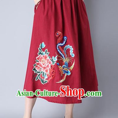 Traditional Ancient Chinese National Pleated Skirt Costume, Elegant Hanfu Linen Embroidery Peony Phoenix Long Red Dress, China Tang Suit Bust Skirt for Women