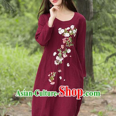 Traditional Ancient Chinese National Costume, Elegant Hanfu Embroidery Linen Red Dress, China Tang Suit Chirpaur Republic of China Cheongsam Upper Outer Garment Elegant Dress Clothing for Women