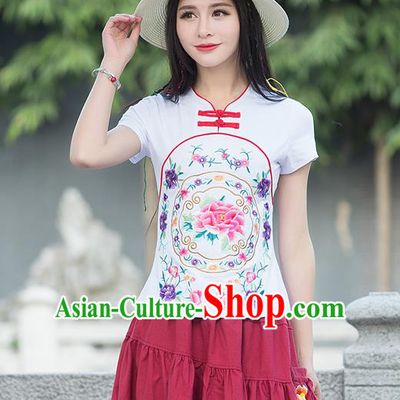 Traditional Chinese National Costume, Elegant Hanfu Embroidery Flowers White T-Shirt, China Tang Suit Republic of China Plated Buttons Blouse Cheongsam Upper Outer Garment Qipao Shirts Clothing for Women