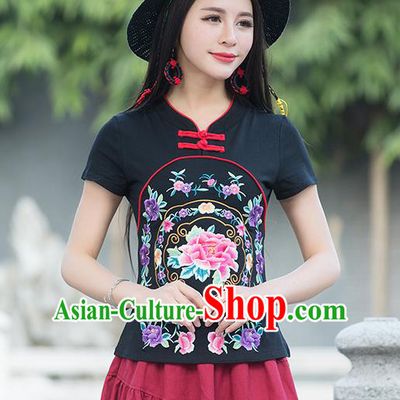 Traditional Chinese National Costume, Elegant Hanfu Embroidery Flowers Black T-Shirt, China Tang Suit Republic of China Plated Buttons Blouse Cheongsam Upper Outer Garment Qipao Shirts Clothing for Women