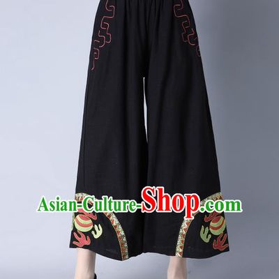Traditional Chinese National Costume Loose Pants, Elegant Hanfu Embroidered Black Wide-leg Trousers, China Ethnic Minorities Folk Dance Baggy Pants for Women