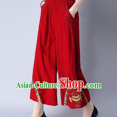 Traditional Chinese National Costume Loose Pants, Elegant Hanfu Embroidered Red Wide-leg Trousers, China Ethnic Minorities Folk Dance Baggy Pants for Women