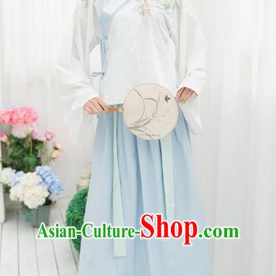 Traditional Ancient Chinese Costume, Elegant Hanfu Clothing Embroidered Slant Opening Blouse and Dress, China Ming Dynasty Princess Elegant Sleeve Placket Blouse and Skirt Complete Set for Women