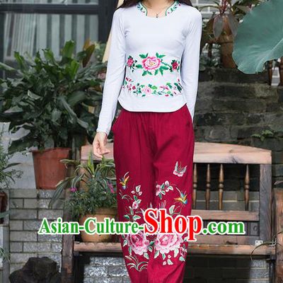 Traditional Chinese National Costume Plus Fours, Elegant Hanfu Embroidered Peony Red Bloomers, China Ethnic Minorities Folk Dance Tang Suit Pantalettes for Women