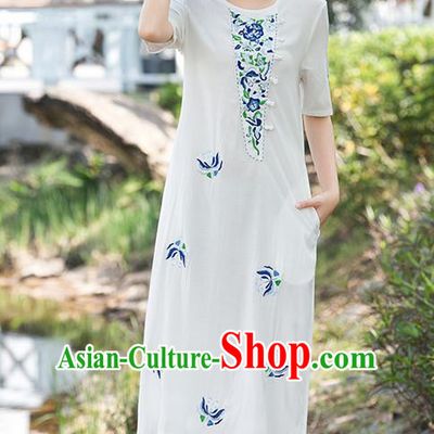 Traditional Ancient Chinese National Costume, Elegant Hanfu Mandarin Qipao Linen Embroidery White Dress, China Tang Suit Upper Outer Garment Elegant Dress Clothing for Women