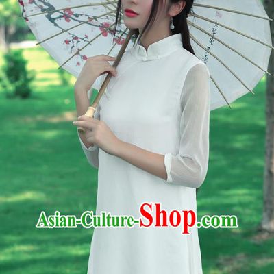 Traditional Chinese National Costume, Elegant Hanfu Silk Slant Opening Long White Blouse, China Tang Suit Republic of China Plated Buttons Blouse Cheongsam Upper Outer Garment Qipao Shirts Clothing for Women