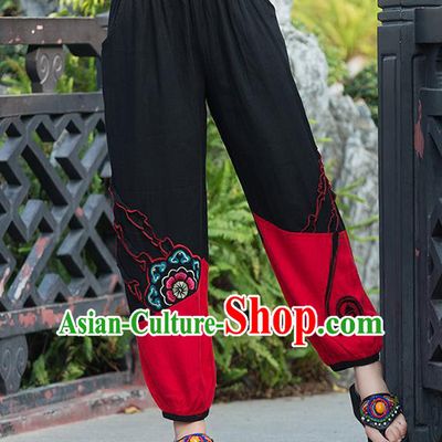 Traditional Chinese National Costume Plus Fours, Elegant Hanfu Embroidered Black Bloomers, China Ethnic Minorities Tang Suit Folk Dance Pantalettes for Women