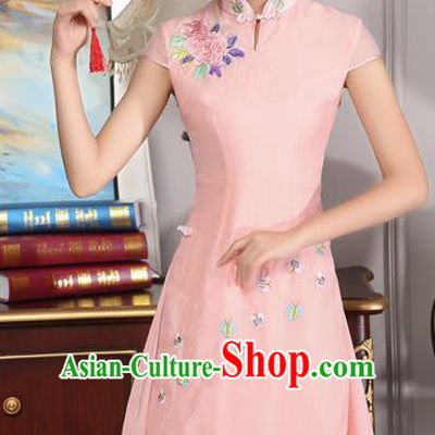 Traditional Ancient Chinese National Costume, Elegant Hanfu Mandarin Qipao Stand Collar Embroidery Pink Dress, China Tang Suit Chirpaur Republic of China Cheongsam Upper Outer Garment Elegant Dress Clothing for Women