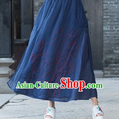 Traditional Ancient Chinese National Pleated Skirt Costume, Elegant Hanfu Embroidery Double-Deck Long Navy Dress, China Tang Dynasty Big Swing Bust Skirt for Women