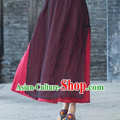 Traditional Ancient Chinese National Pleated Skirt Costume, Elegant Hanfu Embroidery Double-Deck Long Red Dress, China Tang Dynasty Big Swing Bust Skirt for Women