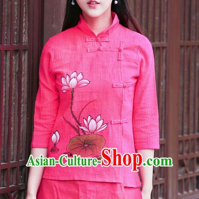Traditional Chinese National Costume, Elegant Hanfu Painting Lotus Stand Collar Pink Shirt, China Tang Suit Republic of China Plated Buttons Blouse Cheongsam Upper Outer Garment Qipao Shirts Clothing for Women