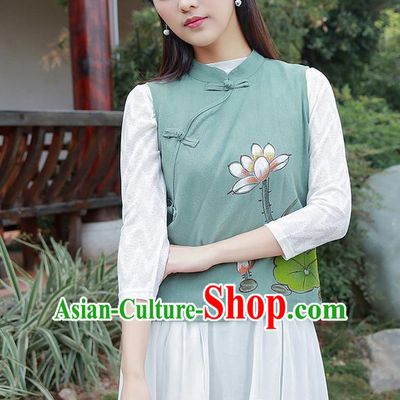 Traditional Chinese National Costume, Elegant Hanfu Painting Lotus Stand Collar Green Vest Shirt, China Tang Suit Republic of China Plated Buttons Blouse Cheongsam Upper Outer Garment Qipao Waistcoat Clothing for Women