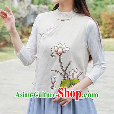 Traditional Chinese National Costume, Elegant Hanfu Painting Lotus Stand Collar Beige Vest Shirt, China Tang Suit Republic of China Plated Buttons Blouse Cheongsam Upper Outer Garment Qipao Waistcoat Clothing for Women
