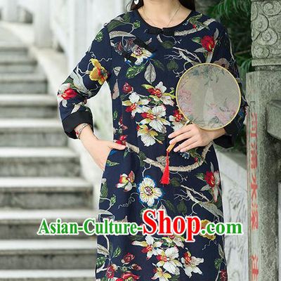 Traditional Ancient Chinese National Costume, Elegant Hanfu Mandarin Qipao Linen Painting Black Dress, China Tang Suit Chirpaur Republic of China Stand Collar Cheongsam Upper Outer Garment Elegant Dress Clothing for Women
