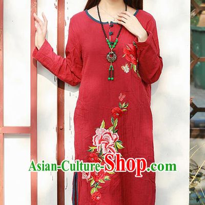 Traditional Ancient Chinese National Costume, Elegant Hanfu Linen Embroidery Red Dress, China Tang Suit Chirpaur Republic of China Cheongsam Upper Outer Garment Elegant Dress Clothing for Women