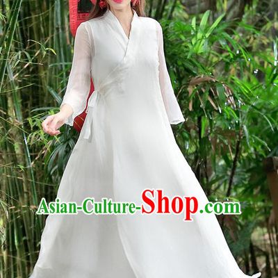 Traditional Ancient Chinese National Pleated Skirt Costume, Elegant Hanfu Mulberry Silk Slant Opening Long White Dress, China Tang Suit Chirpaur Republic of China Cheongsam Upper Outer Garment Elegant Dress Clothing for Women