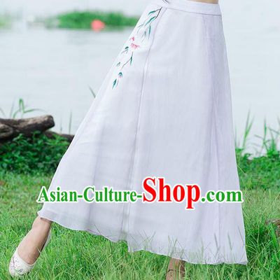 Traditional Ancient Chinese National Pleated Skirt Costume, Elegant Hanfu Linen Printing Long White Dress, China Tang Dynasty Bust Skirt for Women