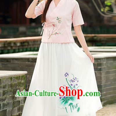 Traditional Ancient Chinese National Pleated Skirt Costume, Elegant Hanfu Chiffon Printing Lotus Long White Dress, China Tang Dynasty Bust Skirt for Women