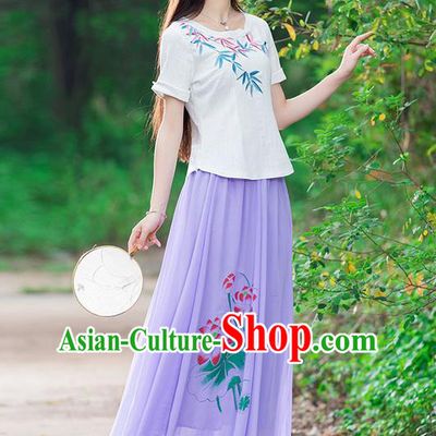 Traditional Ancient Chinese National Pleated Skirt Costume, Elegant Hanfu Chiffon Printing Lotus Long Purple Dress, China Tang Dynasty Bust Skirt for Women